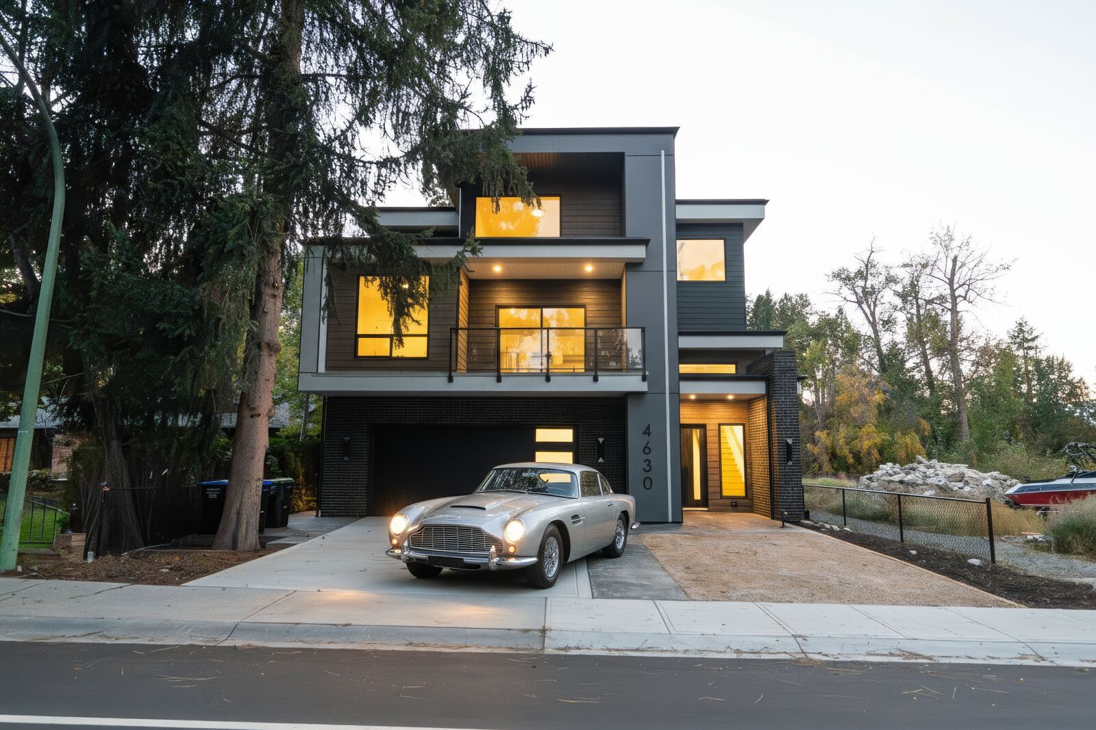 Modern three-storey home with lit windows and a vintage car parked in the driveway at dusk