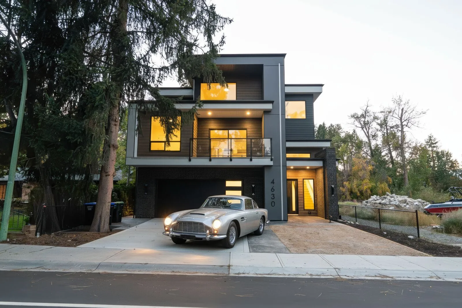 Modern three-storey home with lit windows and a vintage car parked in the driveway at dusk